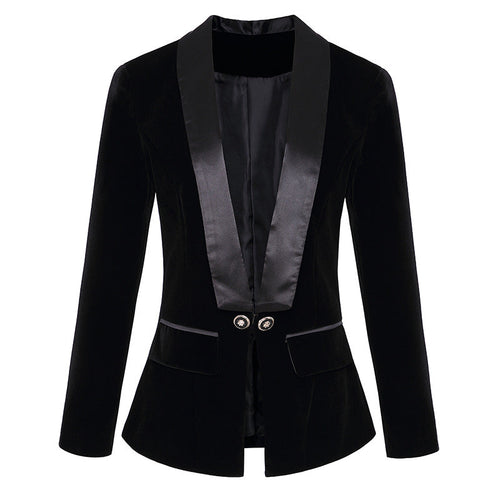 Autumn Winter Satin Green Fruit Collar Slim Velvet Blazer for Women