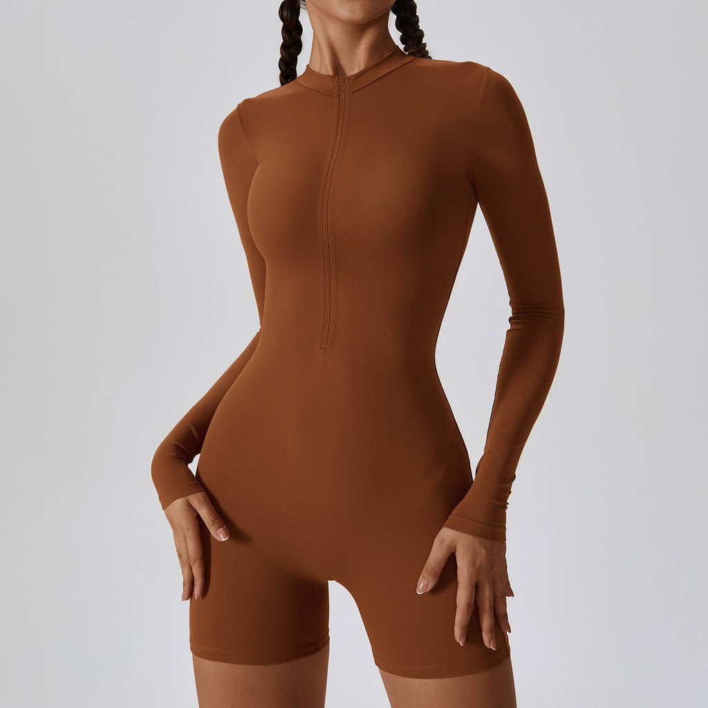 Sollinarry Open Collar Long-Sleeve Zipper One-Piece Dance Fitness Sports Jumpsuit Sexy Tight Yoga Clothes Women