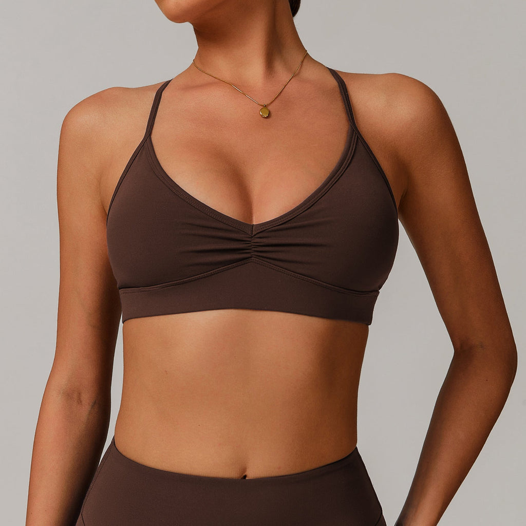 Sollinarry V neck Yoga Bra Cross Back Slimming Pleated Underwear Running Sports Workout Bra