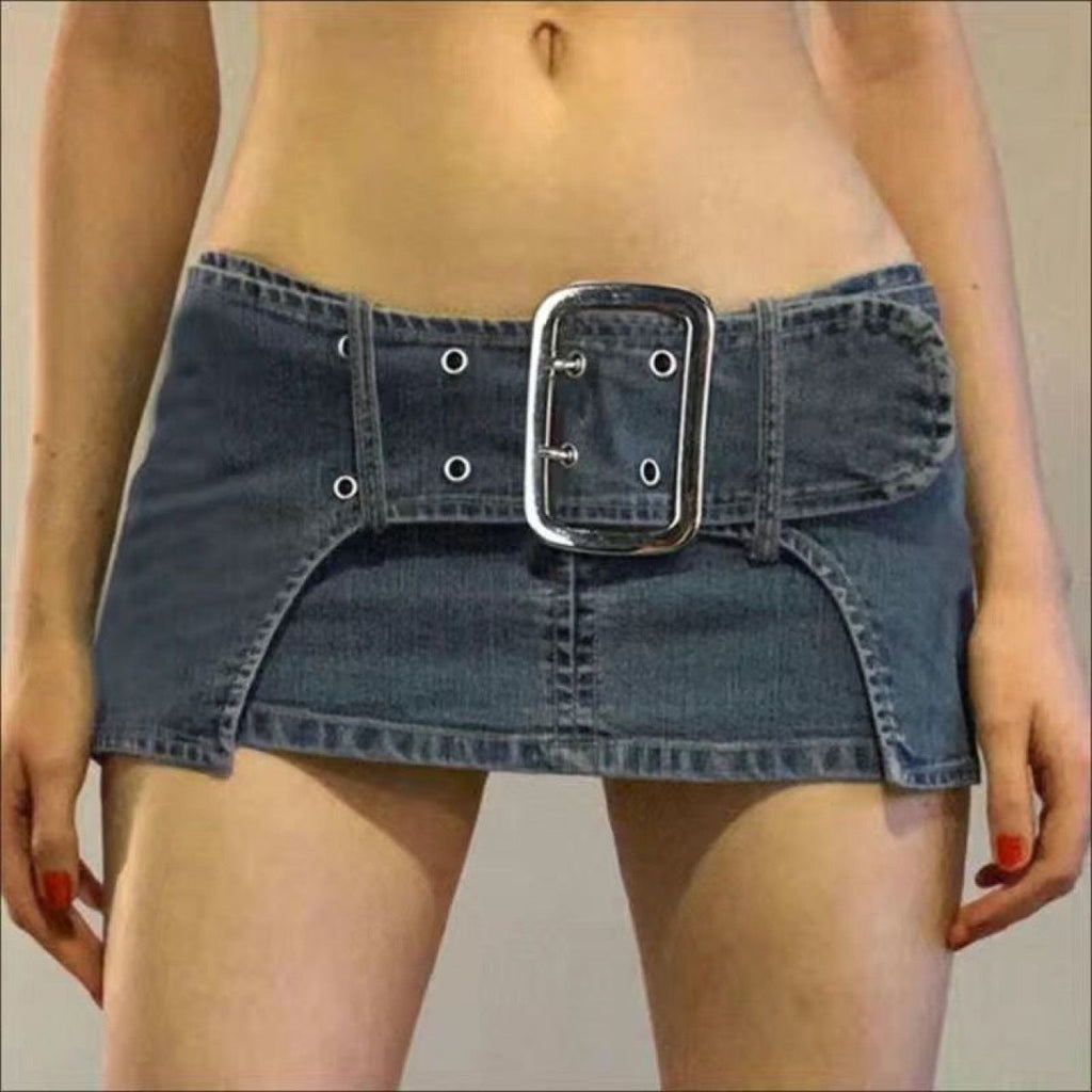 Sexy Personalized Design Faux Two Layer Ultra Short Denim Skirt Distressed Waist Large Breasted Hip Lift Skirt