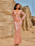 Women Evening Dresses Long Sleeve Beauty V neck Sexy Backless Dress Long Sequined Women Clothing Dress