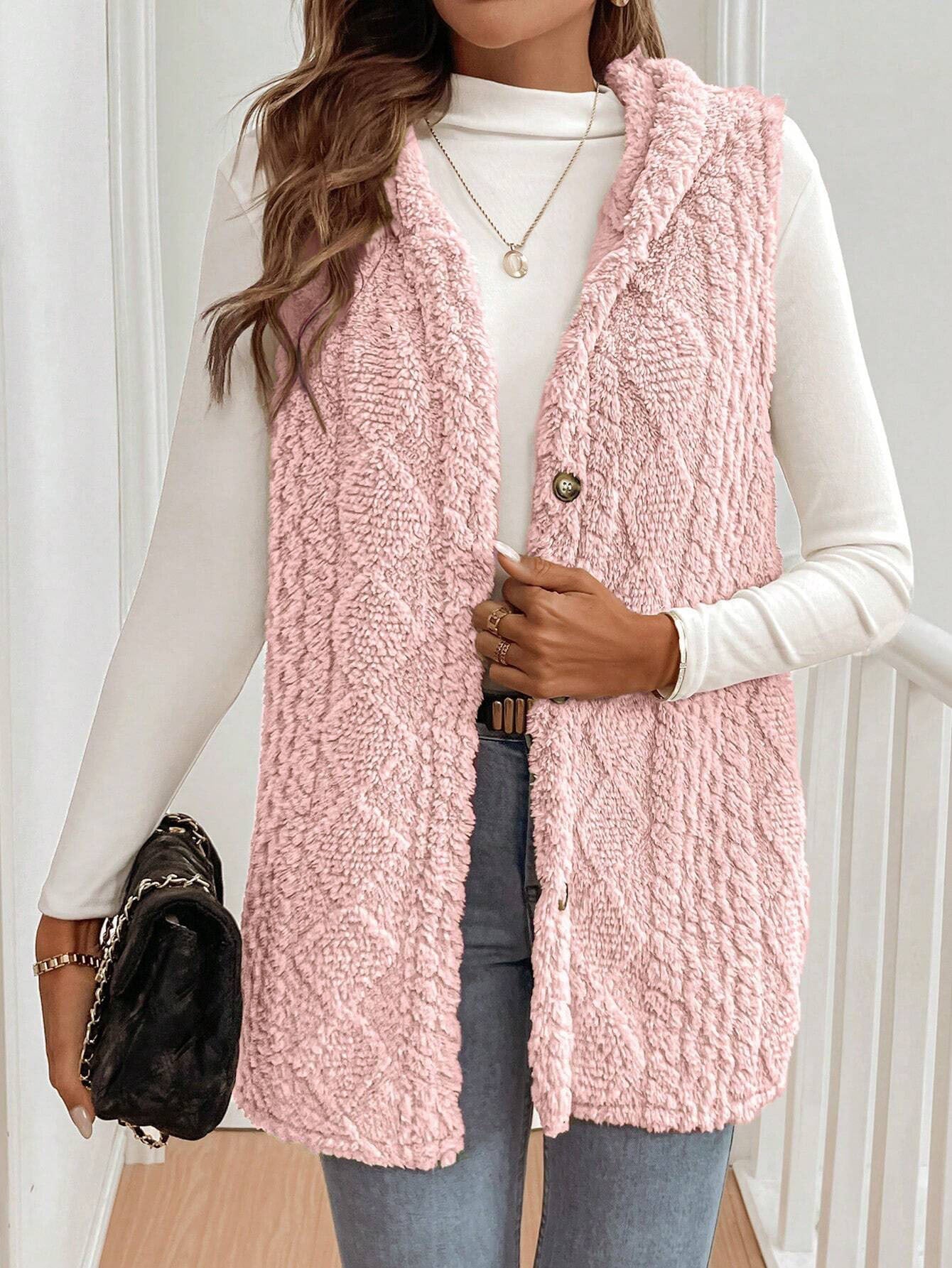 Autumn Winter Women Double Sided Plush Casual Hooded Cardigan Vest