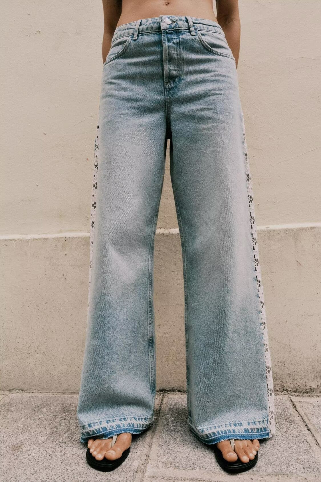 Women Clothing Spring Autumn Crochet Stitching High Waist Wide Leg Jeans