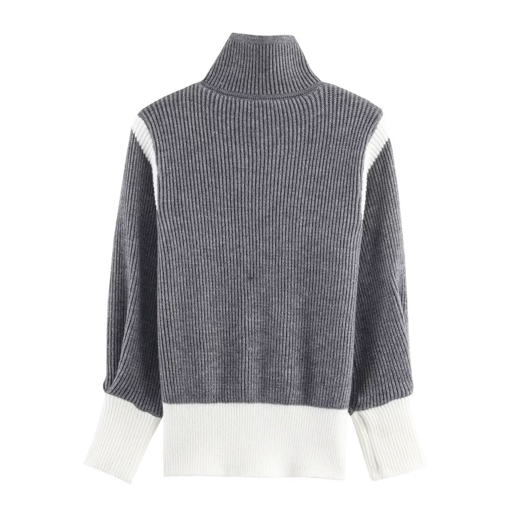 Autumn Women Casual Loose All Matching Color Stitching Knitted Cardigan