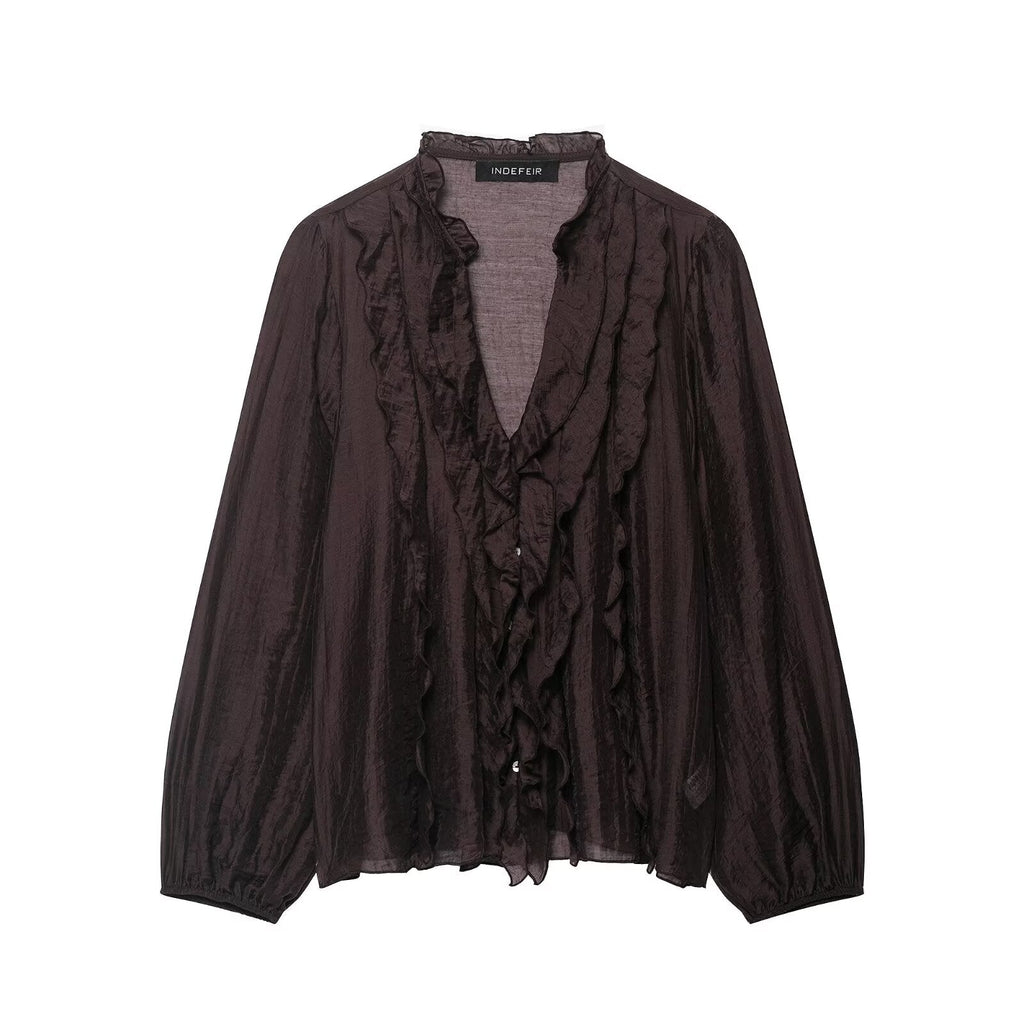Women Clothing Autumn Laminated Decoration Long Sleeve Shirt