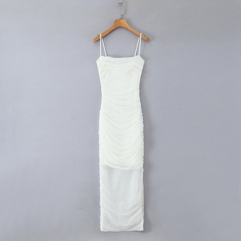 Sexy Stretch Mesh Ruched Maxi Dress Dress Tight Waist Slim Fit Sheath Cami Dress