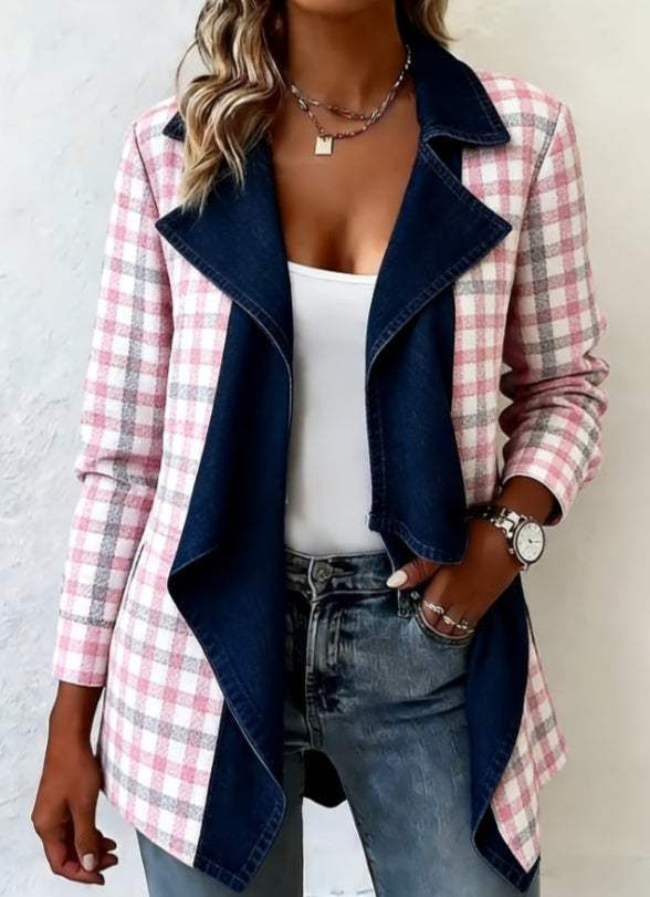 Patchwork Denim CollarRed's Casual  wearFitiqueFitCoatsRefresh your outerwear collection with this patchwork denim collar women’s long-sleeved mid-length coat. Designed in a retro streetwear style, this coat features a tPatchwork Denim Collar Women’s Long-Sleeved Mid-Length Coat