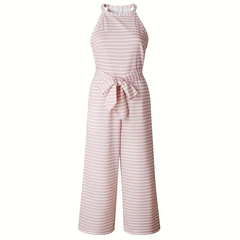 Casual Striped Jumpsuits Summer Cap Sleeve Wide Leg Jumper