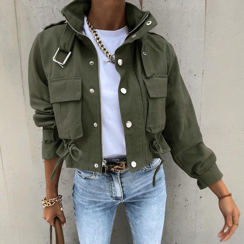 Women’s stand collar drawstring hem jacket