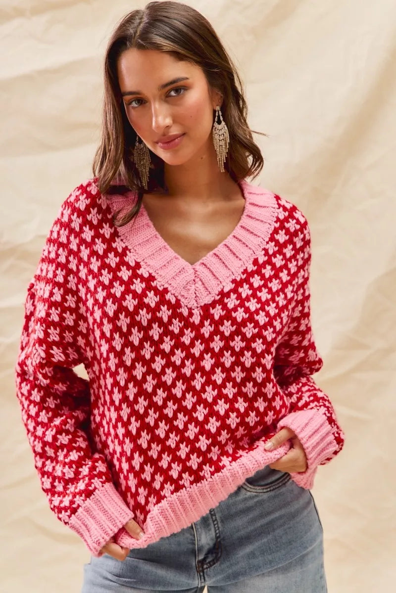 SO ME Color Block Textured Christmas Sweater V Neck Top