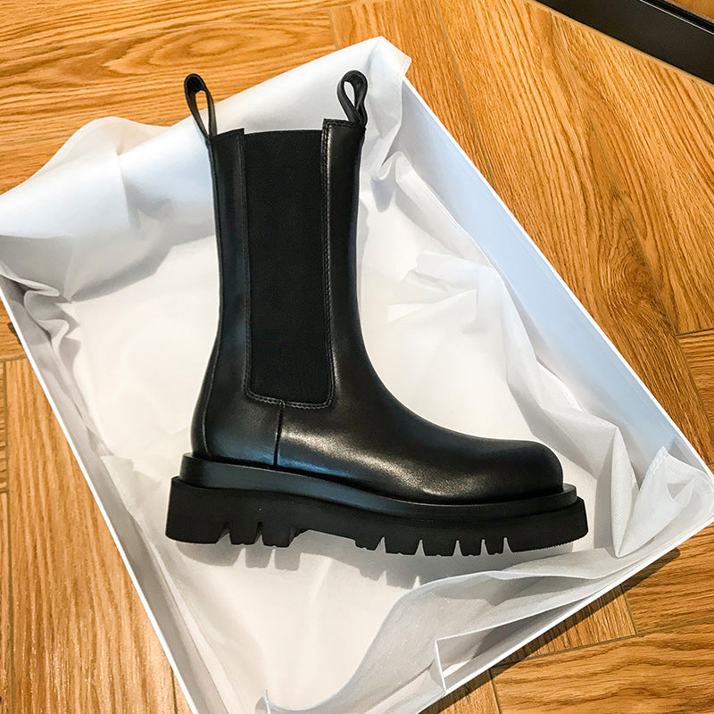 Women’s British-Style Mid-Calf Thick-Soled Leather Boots
