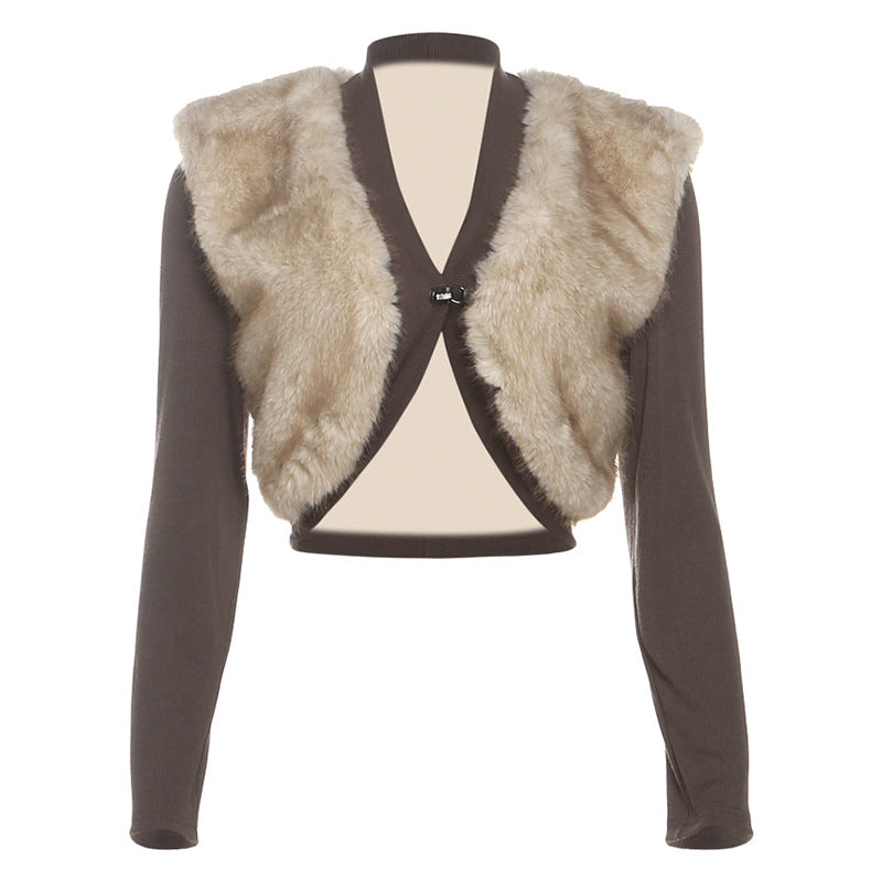 Autumn Winter Women Clothing Sexy Cropped Ultra Short Contrast Color Plush Stitching Small Cardigan Coat for Women