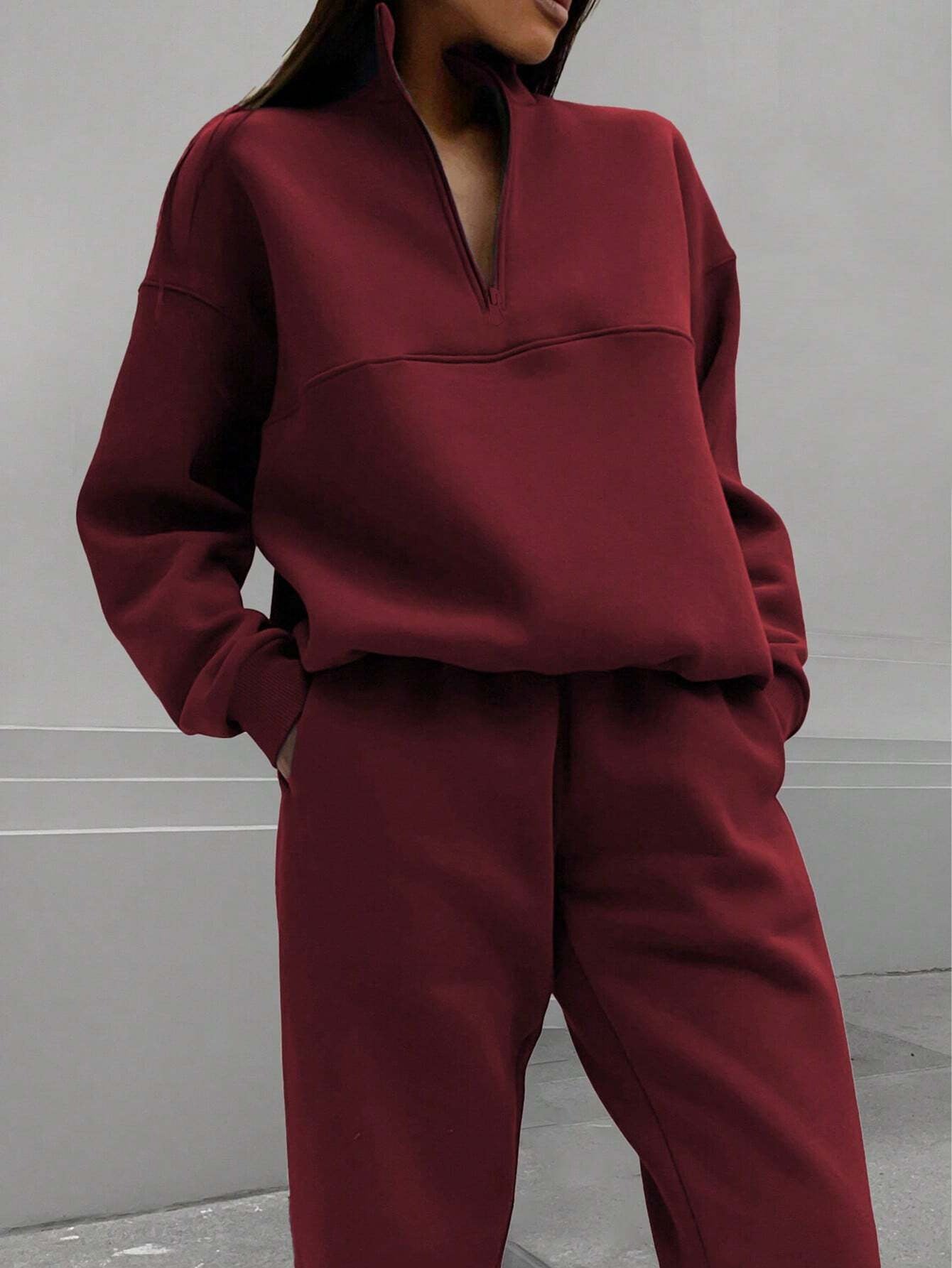 Autumn Winter Zipper Collared Solid Color Casual Two Piece Set