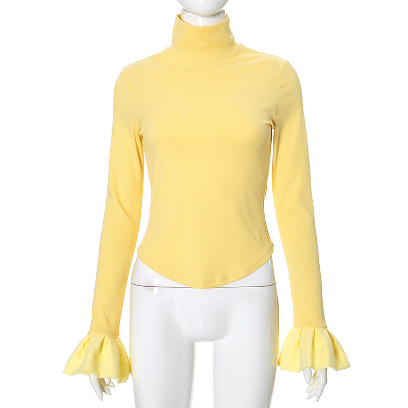 Women Clothing Solid Color Turtleneck Ruffled Long U Shaped Hem Elegant Short Top