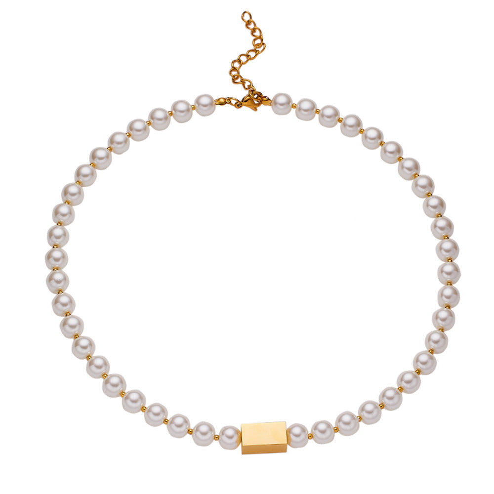 Japanese Korean Simple Vintage Pearl Clavicle Chain Vacuum Vapor Plating 18K Gold Simple All Match Pearl Necklace Ornament Accessories