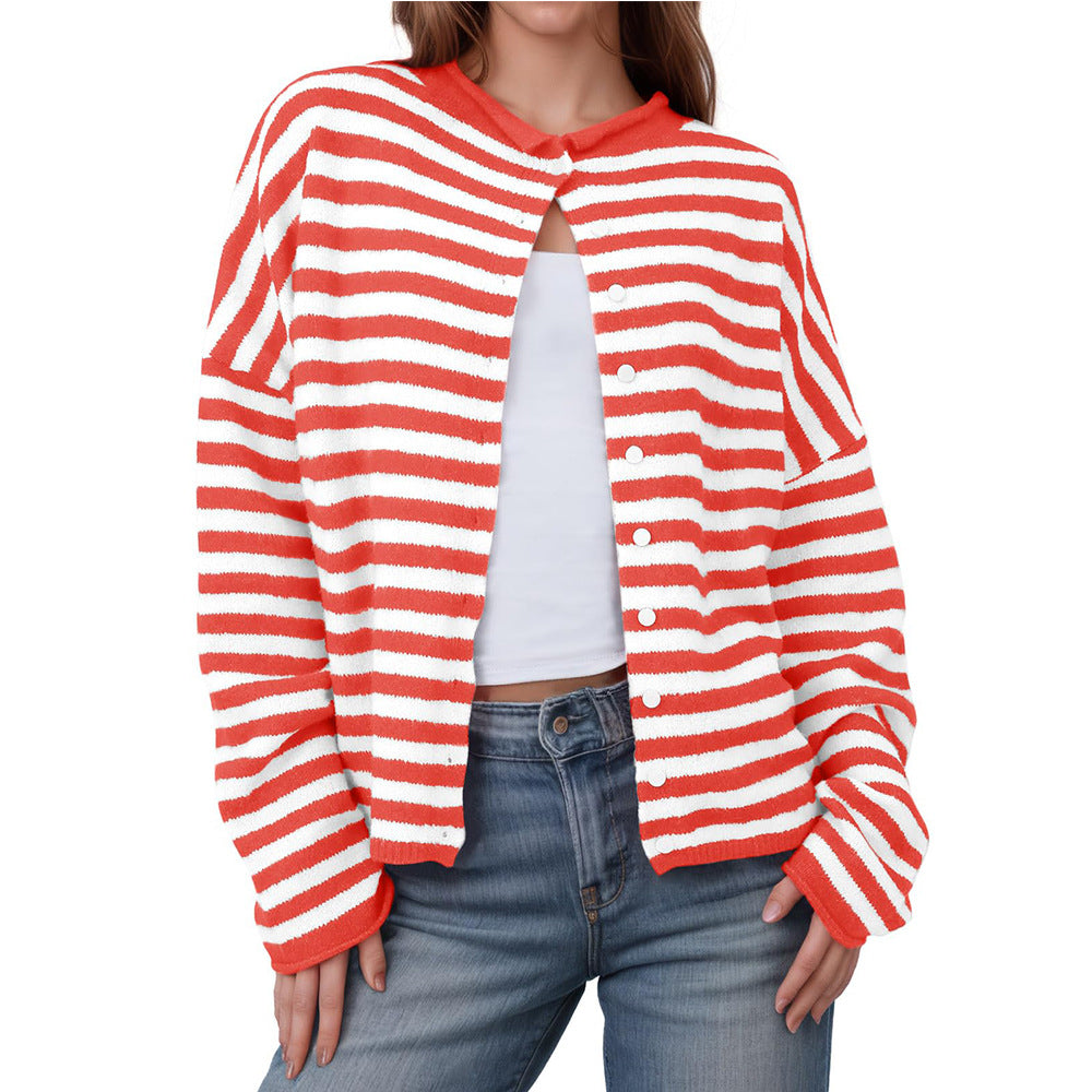 Autumn Winter Women Clothing Striped Contrast Color Sweater Long Sleeve Casual Cardigan