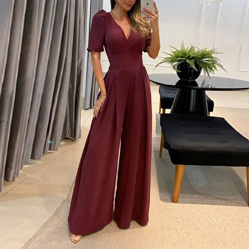 Women Clothing Summer Casual V Neck Lace Up High Waist Puff Short Sleeve Wide Leg Jumpsuit