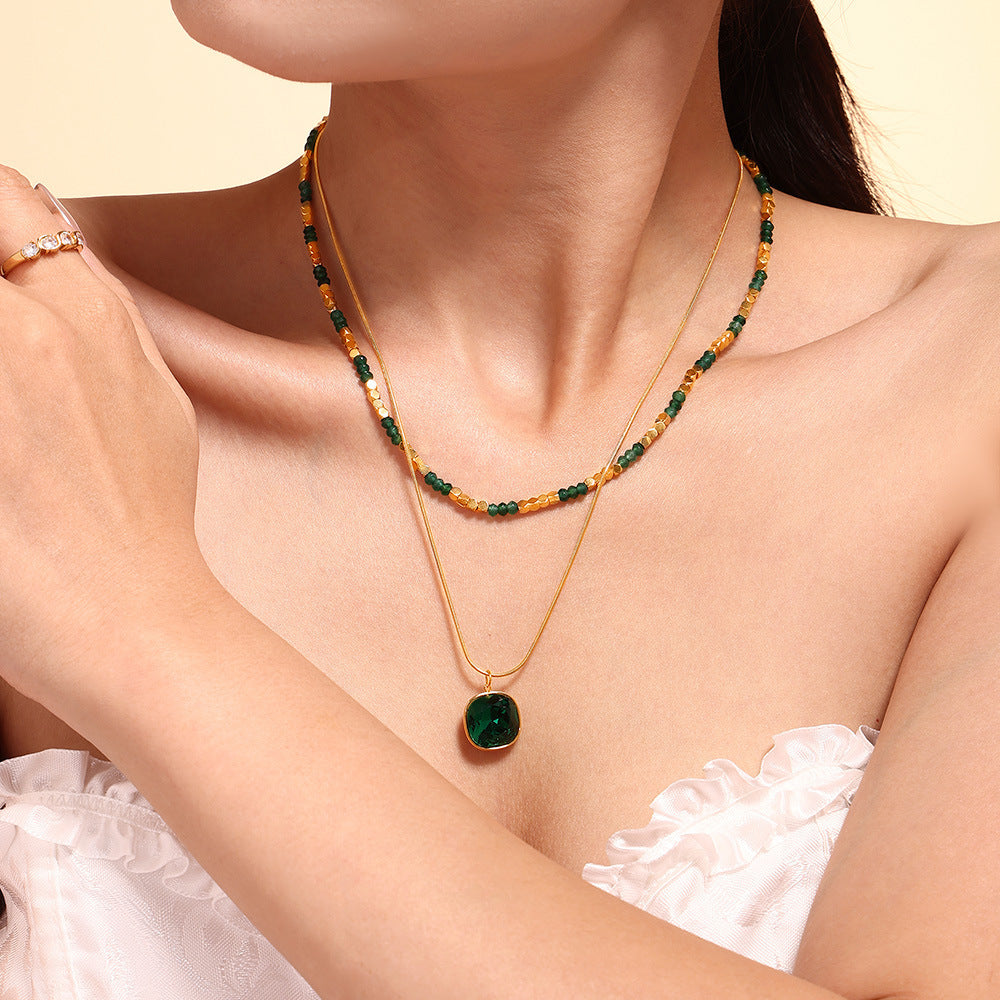 Natural Stone Beaded Crystal Stone Embellished Double Layer Necklace Stainless Steel All Match Clavicle Chain Necklace