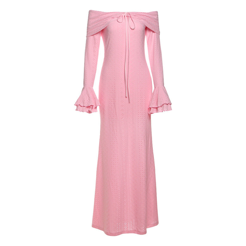 Summer Women Clothing Elegant Slim Sexy off Neck Flared Sleeves Dress