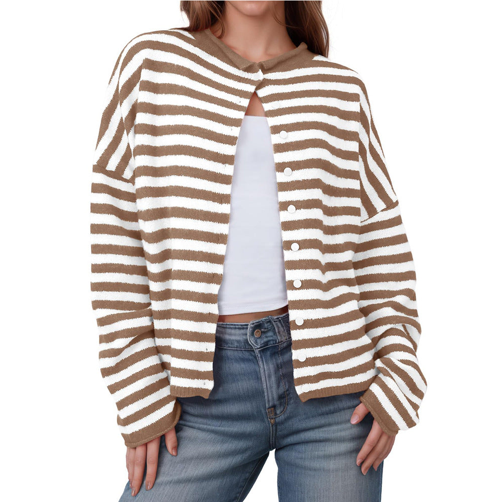 Autumn Winter Women Clothing Striped Contrast Color Sweater Long Sleeve Casual Cardigan