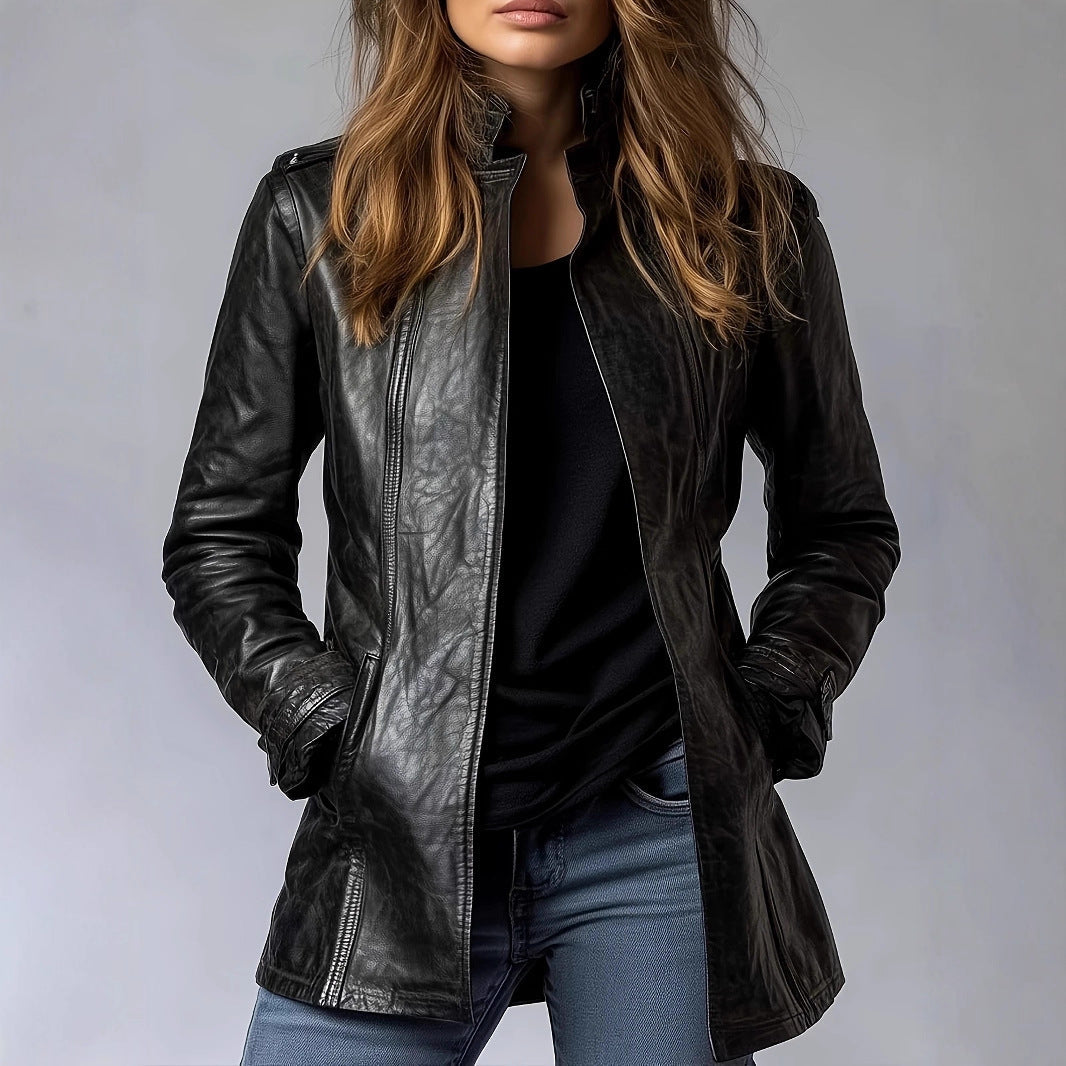 Ladies Leather Stand Collar Long Sleeve Distressed Trendy Gothic Faux Leather Jacket