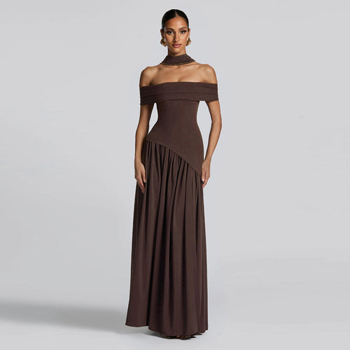 Autumn Women Clothing Sexy Backless Slim Fit Solid Color Scarf Collar Split off Shoulder Dress