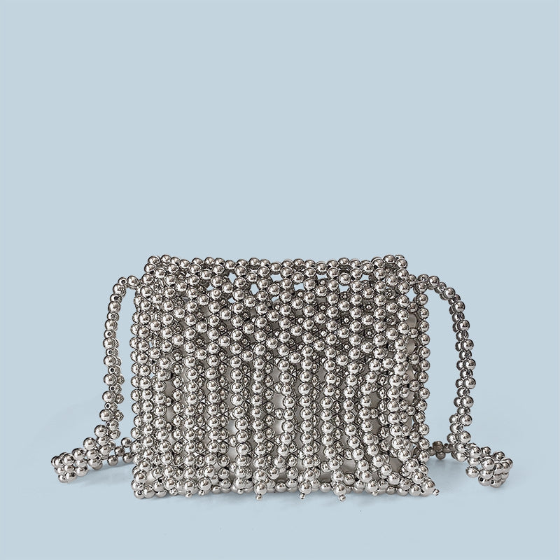 Retro Metallic Shiny Hand Woven Beads Small Square Bag Mobile Phone Bag Long Shoulder Strap Tassel Messenger Bag