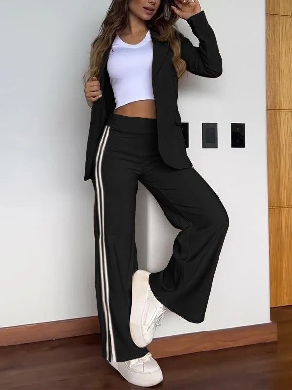 Autumn Winter Women Casual Polo Collar Suit Wide Leg Pants Two Piece Suit