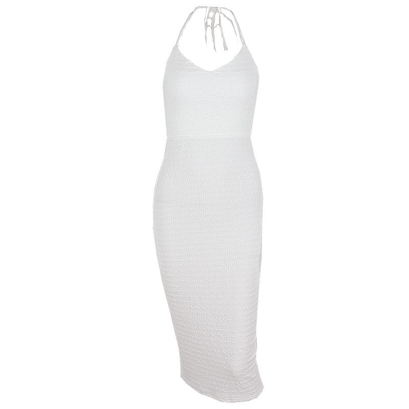 Autumn Sexy Low Cut V Neck Hollow Out Cutout Backless Halter Lace up Mid Length Split Dress Women