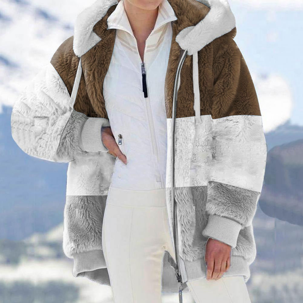 Autumn Winter Warm Plush Patchwork Zipper Pocket Hooded Loose Coat Women