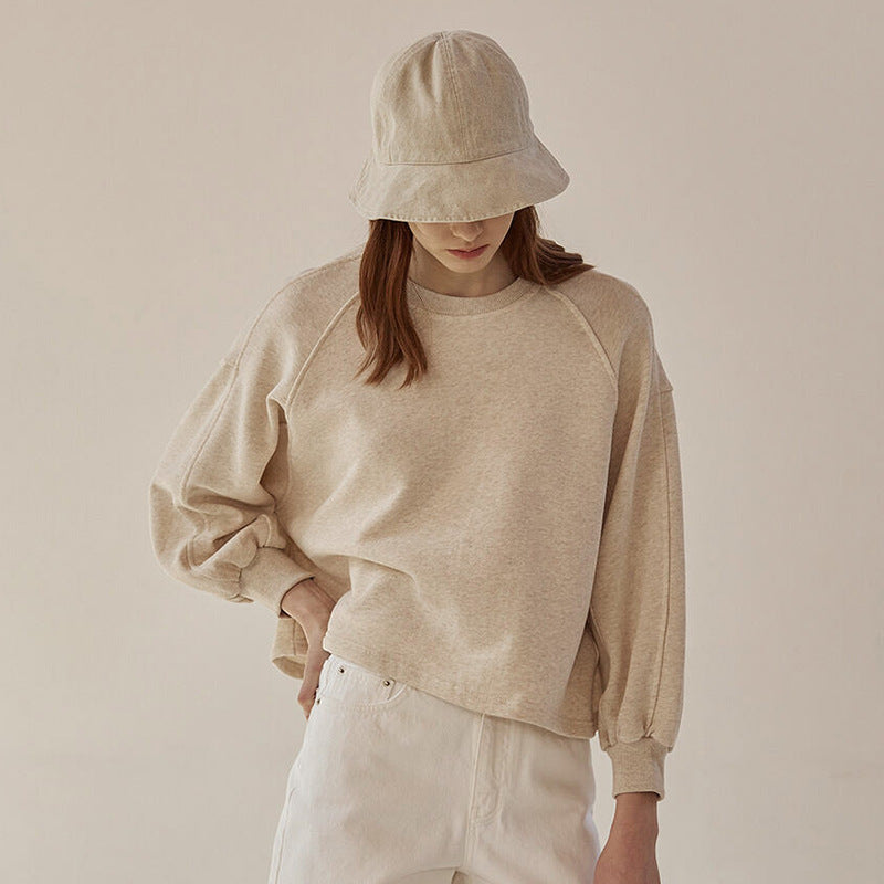 Autumn Winter Hoodie Loose Short Lantern Sleeve Stitching Pure Cotton French Casual Pullover Women Clothing