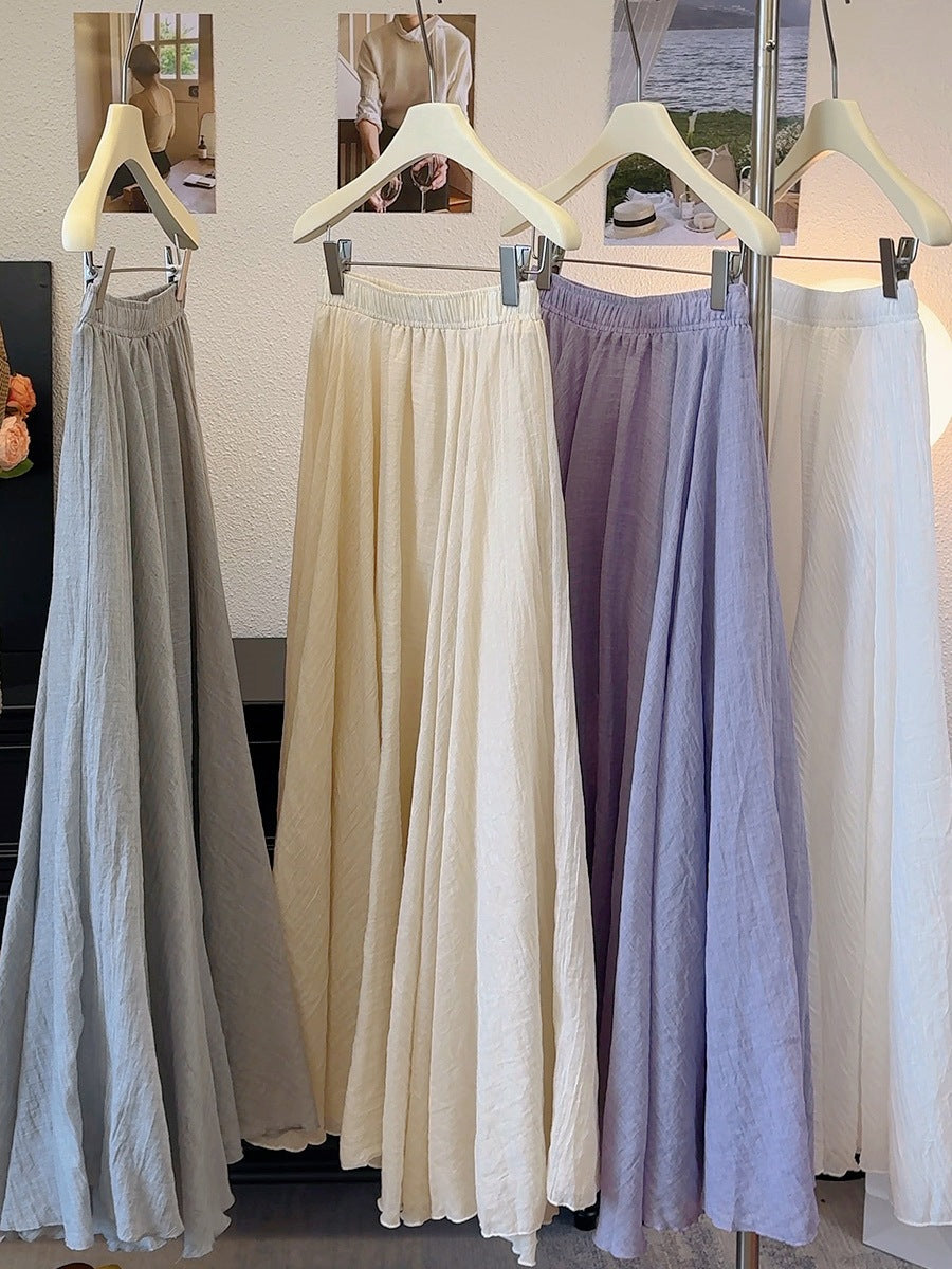 Ice Tencel Cotton Linen Texture Pleated Skirt Women Summer Drape Casual Swing A line Umbrella Skirt Long Skirt