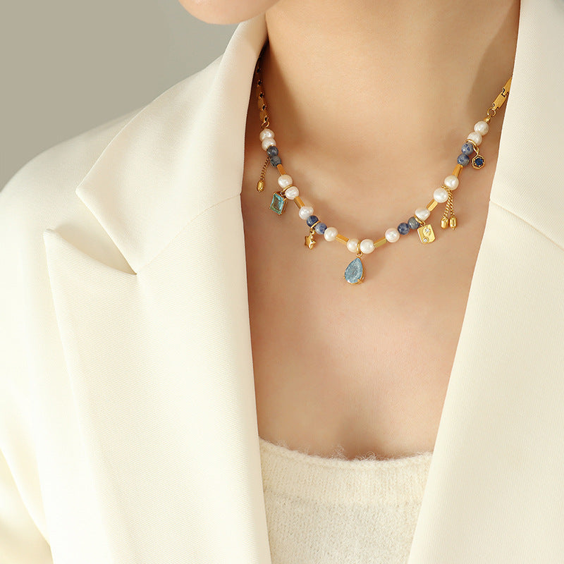 Mix Match Geometric Abstract Material Natural Stone Freshwater Pearl Titanium Steel Embellished Necklace Stitching Heavy Industry to Create Copper Material Chain