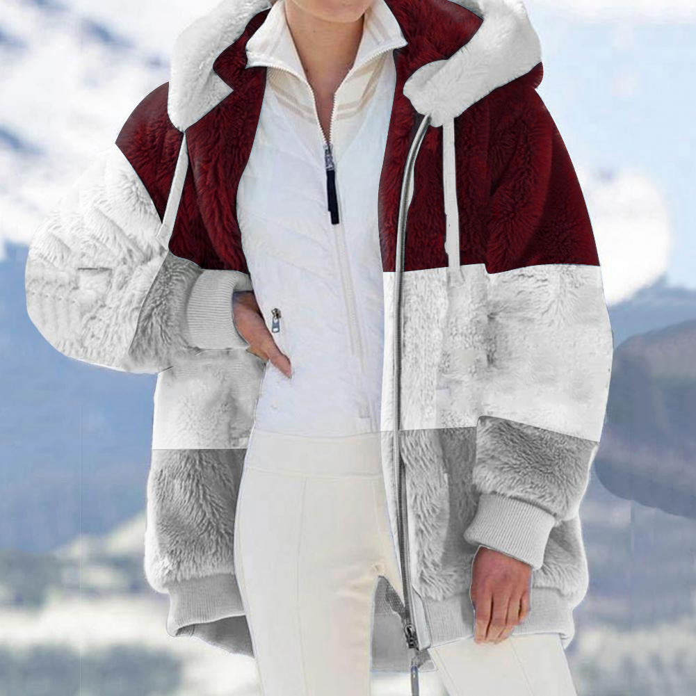 Autumn Winter Warm Plush Patchwork Zipper Pocket Hooded Loose Coat Women