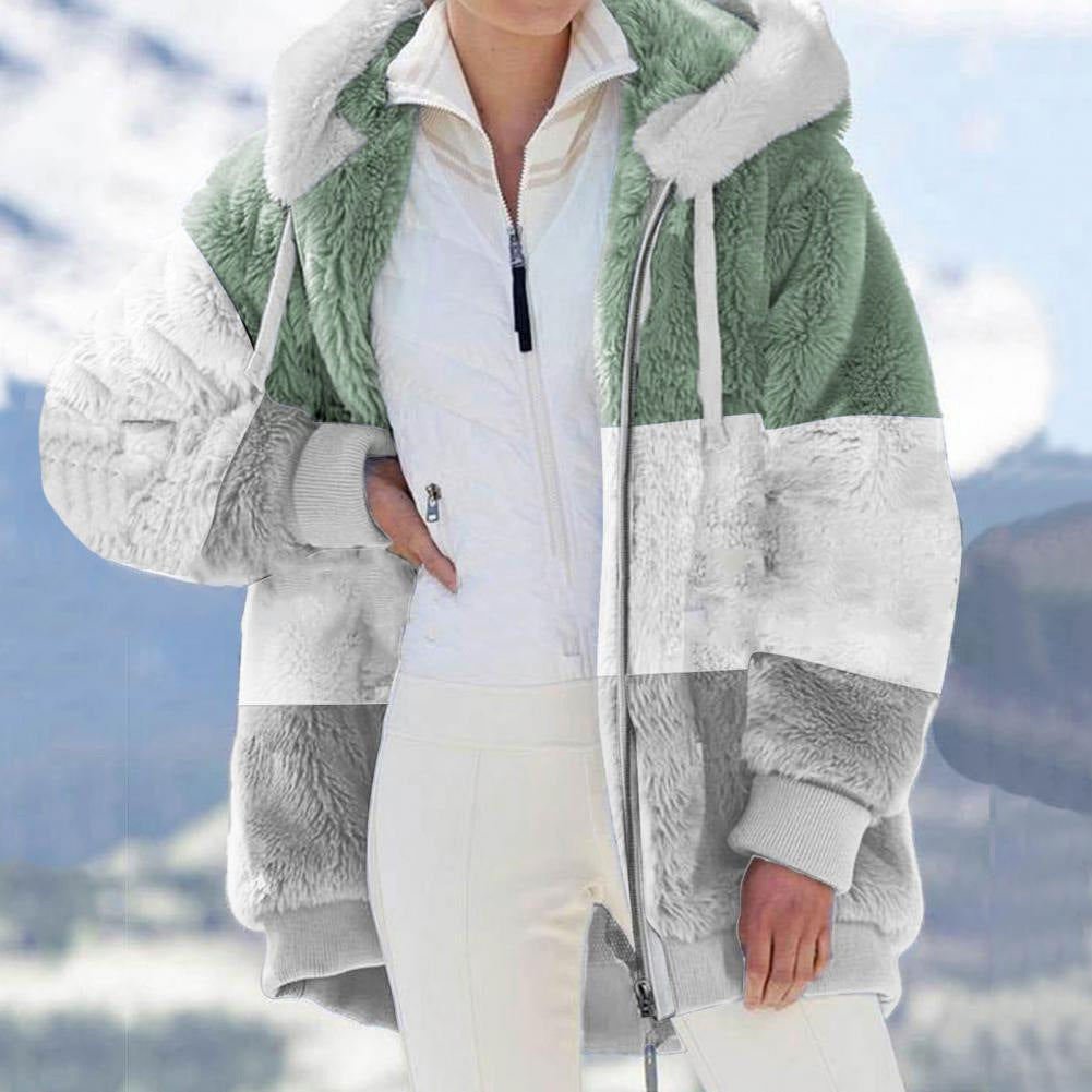 Autumn Winter Warm Plush Patchwork Zipper Pocket Hooded Loose Coat Women