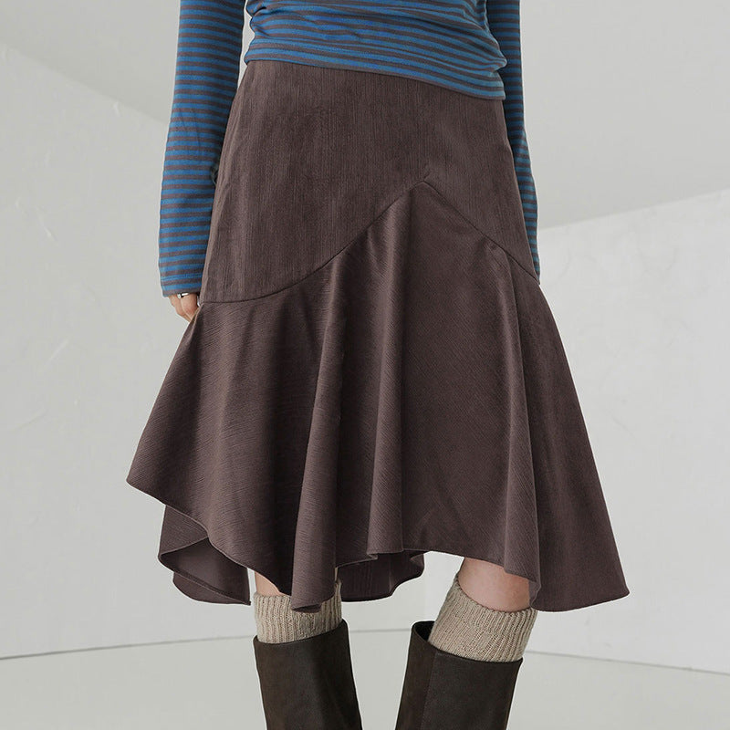 Maillard Women Autumn Winter Retro Brown Mid Length with Irregular Asymmetric Design