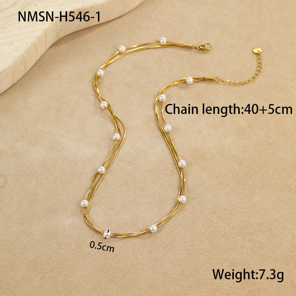 Pearl Multi Layer Twin Stainless Steel Necklace Simple All Matching Graceful High Sense Necklace