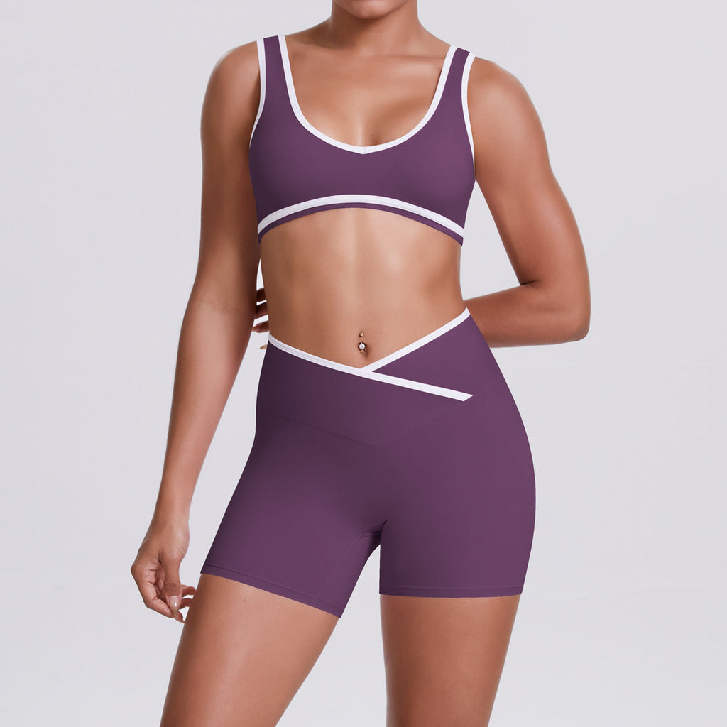 Nude Feel Contrast Color Sports Bra Skinny Yoga Pants Cross High Waist Bodybuilding Shorts Yoga Women