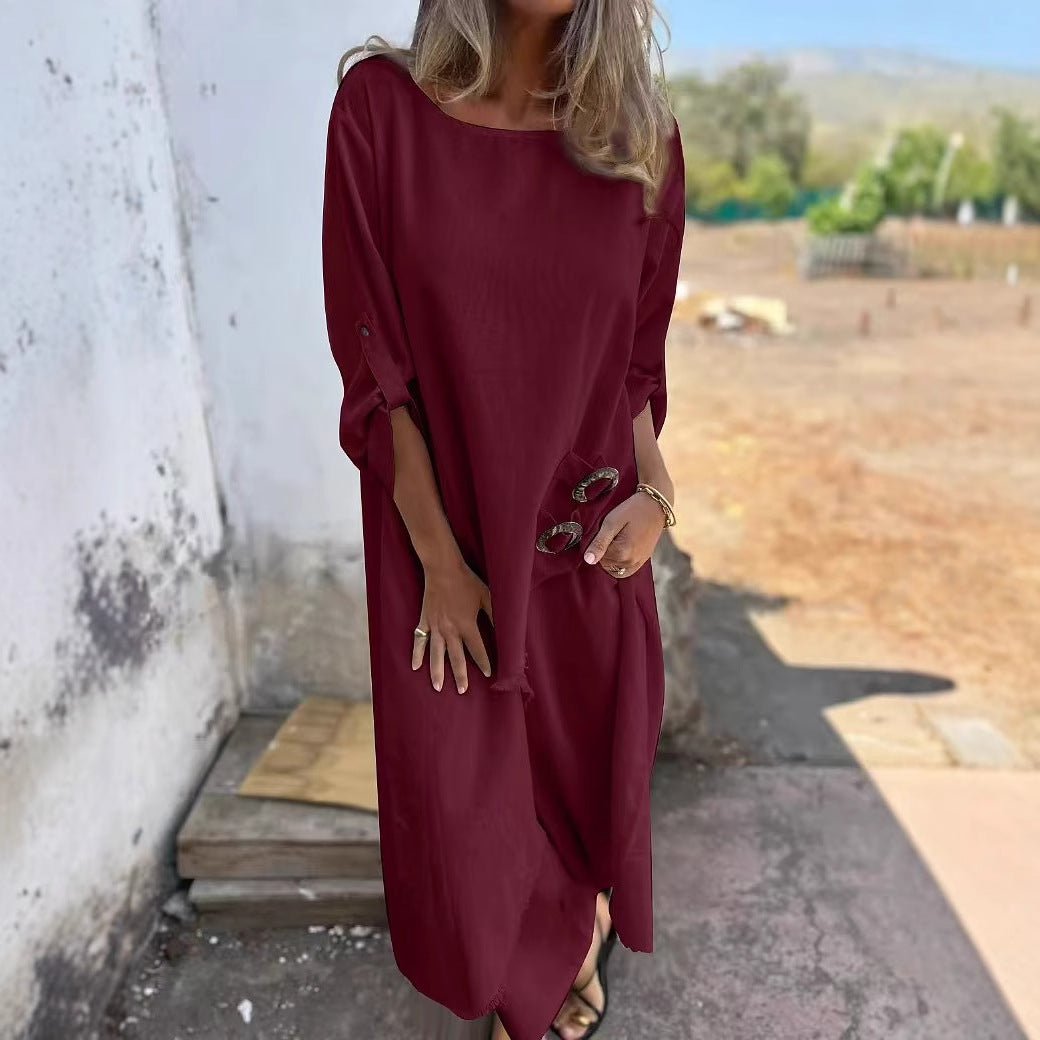 Spring Summer Metal Buckle Loose Irregular Asymmetric Robe Women Clothing