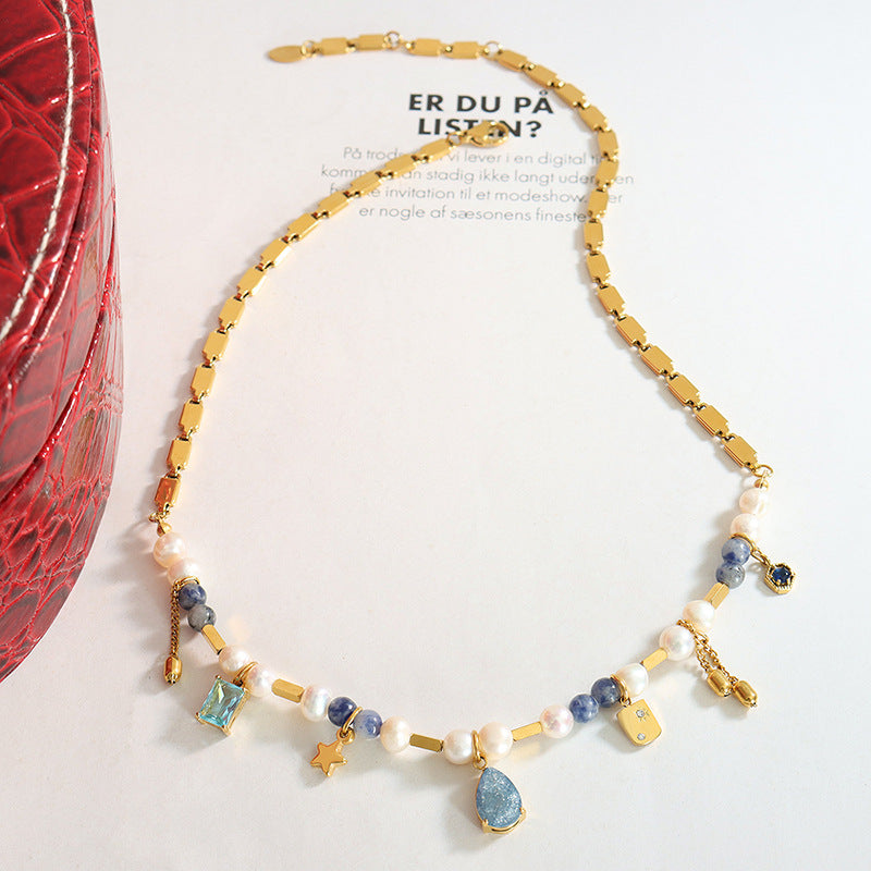 Mix Match Geometric Abstract Material Natural Stone Freshwater Pearl Titanium Steel Embellished Necklace Stitching Heavy Industry to Create Copper Material Chain
