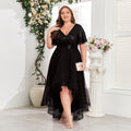 Spring Summer Double V neck Elastic Waist Short Sleeve Irregular Asymmetric Evening Dress Party Midi Women Dress