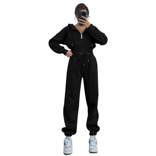 Autumn Winter Hooded Zipper Waist Tight Sweaters Women Clothing Casual Exercise Suit