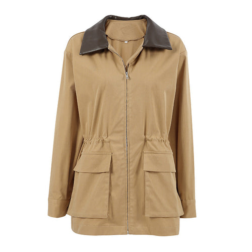Autumn Winter Patchwork Leather Loose Trench Women