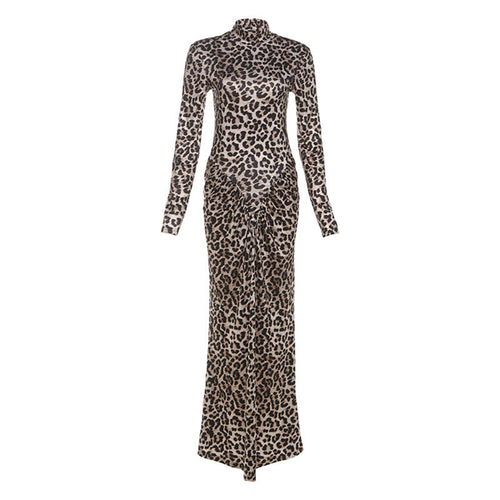Autumn Slim round Neck Leopard Print Dress Long Sleeve Printed Dress Women Clothing