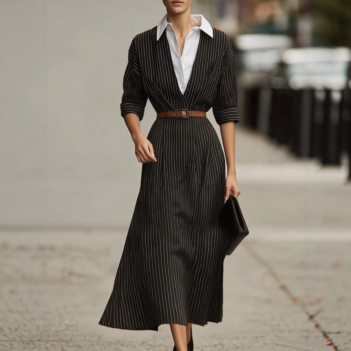 Fall Women Vintage Stripe Shirt Dress Loose Waist Contrast Color Blouse Collar Dress