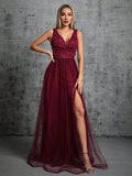 Women Evening Dress Women Chiffon Double V neck Dress Sleeveless A line Large Hem Sequin Stitching Summer