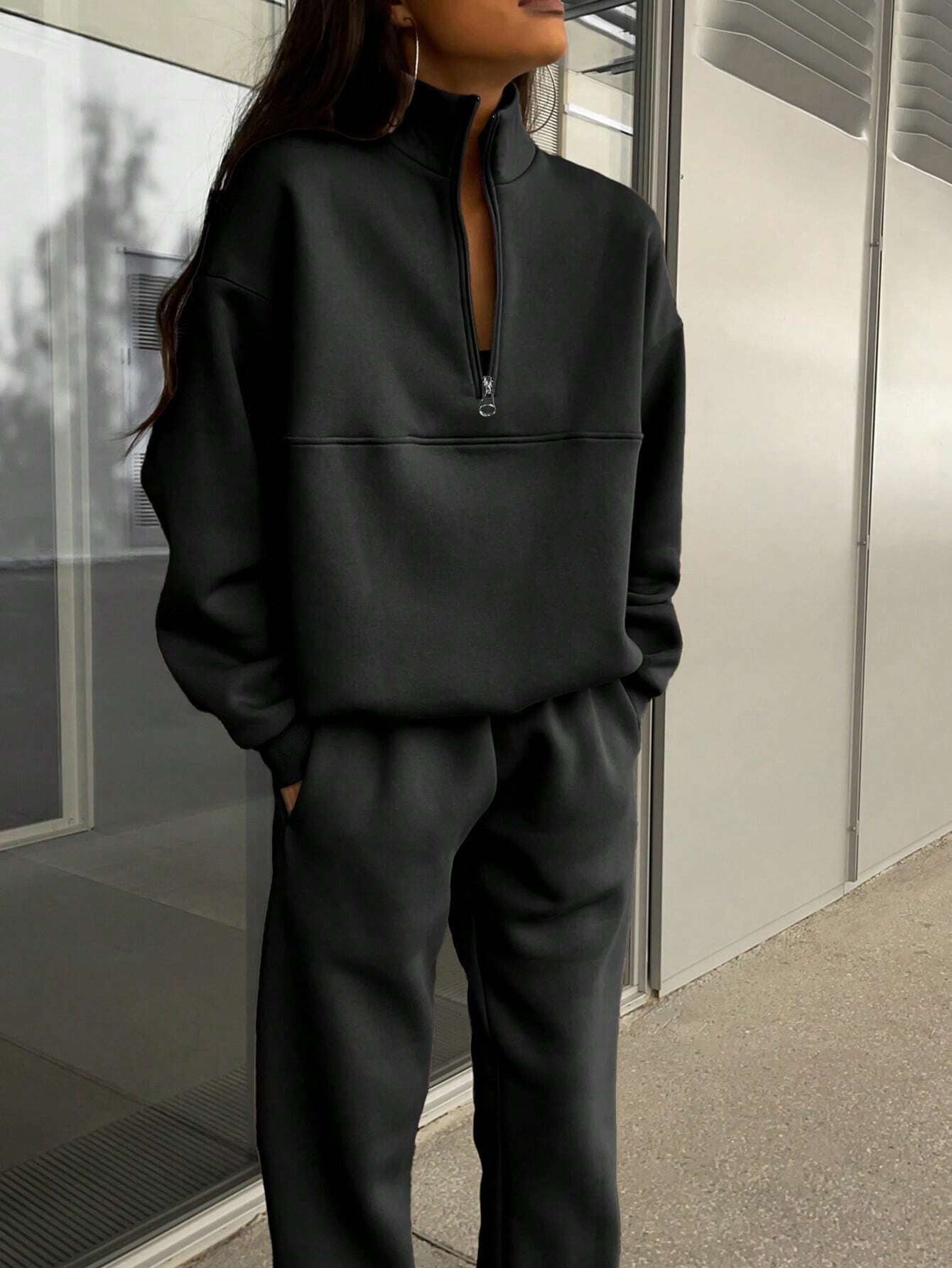 Autumn Winter Zipper Collared Solid Color Casual Two Piece Set