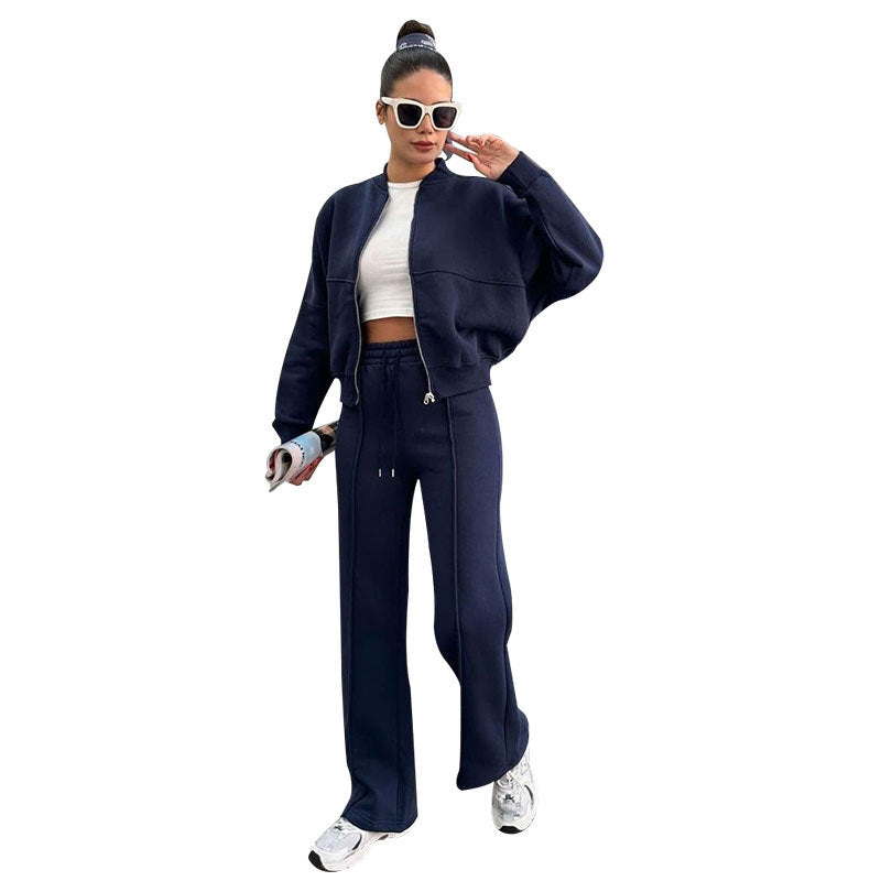 Autumn Winter Solid Color with Fur Zipper Cardigan Women Clothes Casual Straight Pants Two Piece Sets
