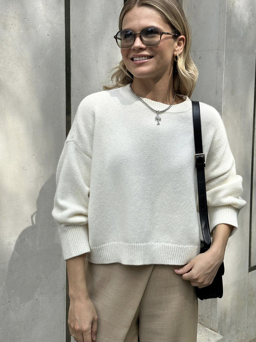Autumn Winter Russian Thickened Short round Neck Solid Color Sweater All Matching Basic Women Clothing