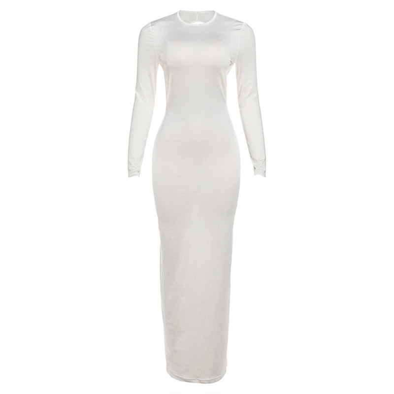 Fall Women Clothing Solid Color Slim Fit Sexy Backless Personality round Neck Long Sleeved Dress